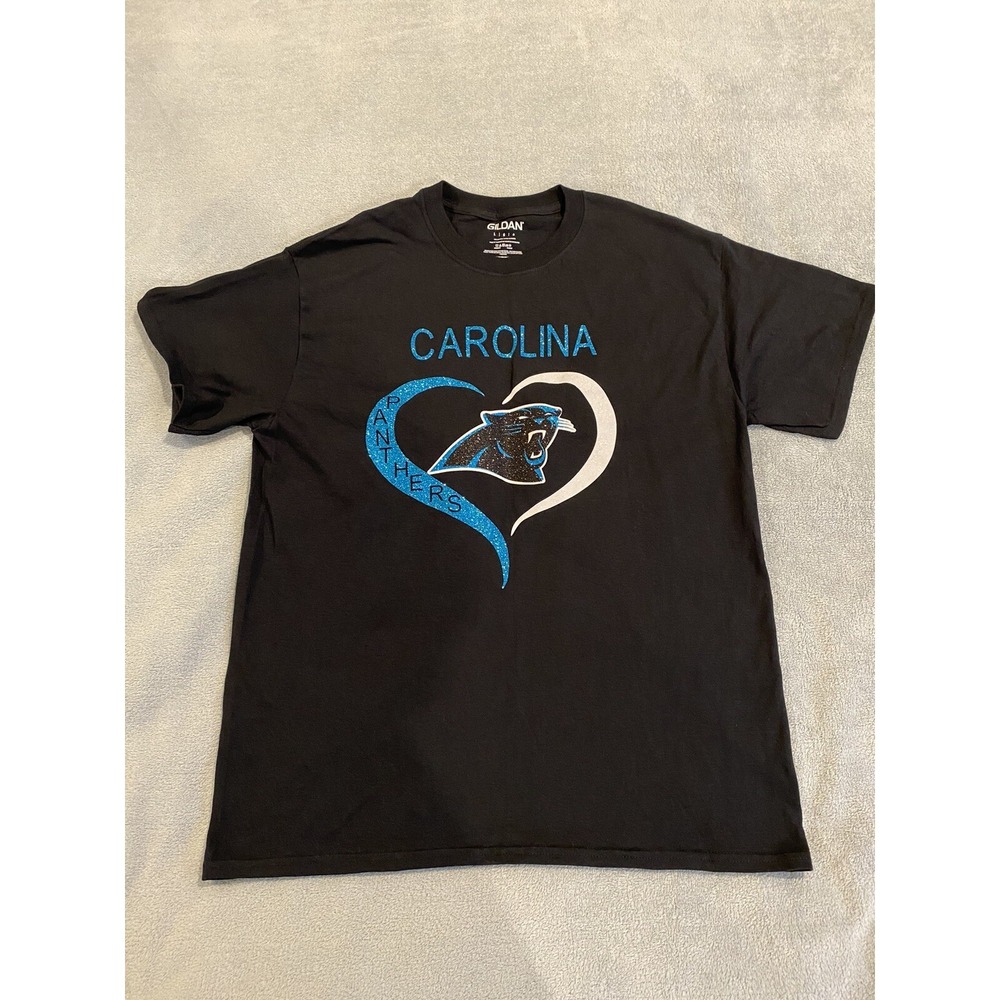 Womens Carolina‎ Panthers Bedazzled Glittered Heart Gildan T Shirt Black L Large
